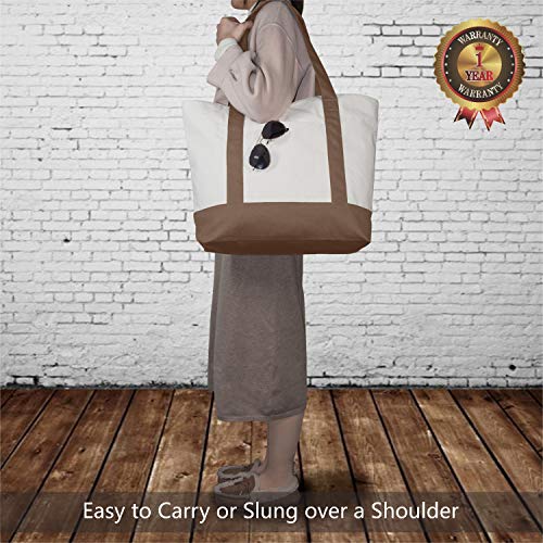 TOPDesign 1-Pack Canvas Tote Bag with an External Pocket, Reusable Grocery Shopping Bag, Top Zipper Closure, Daily Essenti...