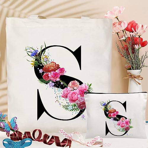 Andeiltech Initial Canvas Tote Bag Floral Letter Personalized Makeup Bag Monogrammed Gift for Bridesmaids Birthday Wedding