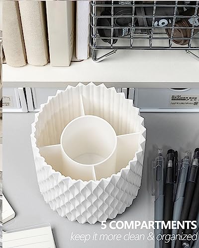 Lebenrich Rotating Pen Holder for Desk, 5 Slots Unique White Desk Organizer Easthetic Desktop Supplies and Accessories for...