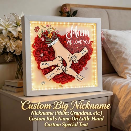 ROSLILY Personalized Mom Flower Shadow Box with Kids Names, Mommy Holding Hands Shadow Box, Custom Light Up Mother's Day P...