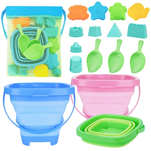 RACPNEL Collapsible Beach Toys for Kids, 3 Pack Foldable Sand Buckets and Shovels Set with Mesh Bag, Silicone Pails for Be...