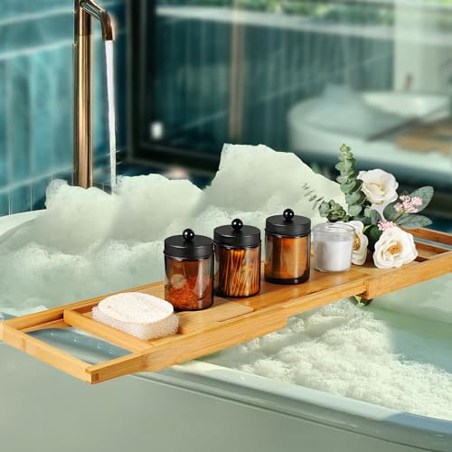 Amolliar Amber Glass Qtip Holder, Apothecary Jars with Matte Black Metal Lid & Stickers-Bathroom Qtip Dispenser Storage Or...