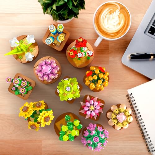 CUBIMANA 12 Pack Flowers Succulents Mini Building Set - Gifts for Mothers Day, Flower Botanical Collection for Home Office...