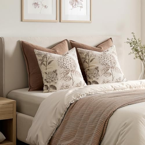 SWANCOCO Set of 2 Decorative Floral Neutral Pillow Covers 18x18 Inch Light Brown Hydrangea Print Spring Farmhouse Boho Vin...