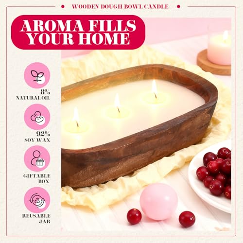 Threlaco 1 Pack 10 Inch Wood Dough Bowl Candles Home Rustic Dough Bowl Soy Candle 3 Wick Scented Candles Gifts for Men Wom...