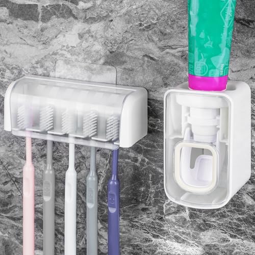 5 Slots Wall Mount Toothbrush Holder with Cover, Self Adhesive Toothbrush Storage Organizer for Shower, Toothbrush Hanger ...
