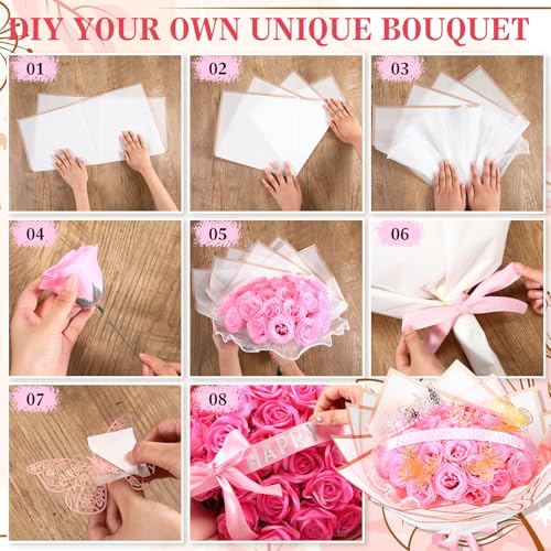 Thiccywoov 24 Pcs Glitter Roses Bouquet Artificial Rose DIY Flower Bouquet Kit Flower Wrapping Paper 3D Butterflies Crowns...
