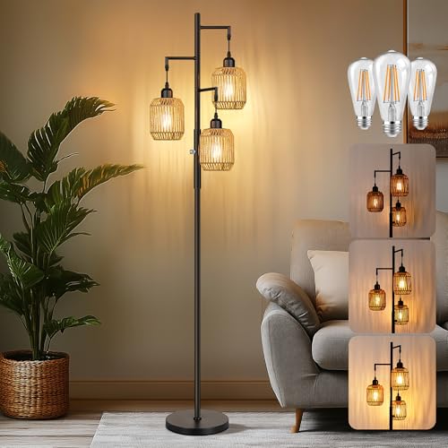 ROTTOGOON Dimmable Boho Floor Lamp - 3 Light Farmhouse Rattan Floor Lamp for Living Room, Industrial Tree Floor Lamps with...