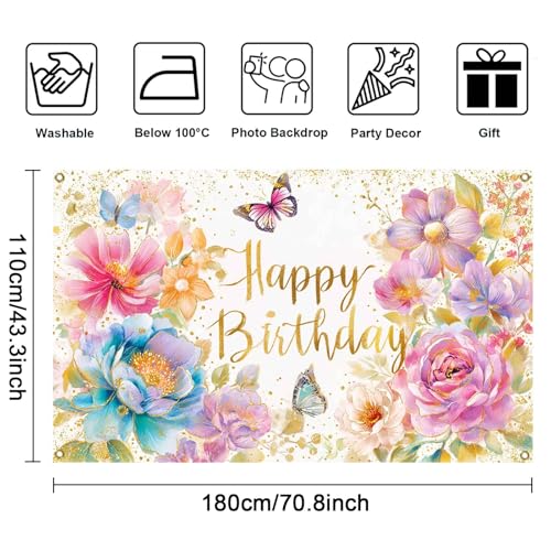 Mocsicka Floral Happy Birthday Banner Pink Flowers Butterfly Spring Party Decorations for Women Girls Photography Backgrou...