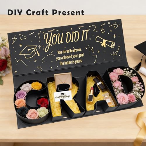 Graduation Gift Box 2026,GRAD Letter Shaped Fillable Cardboard Box for Graduation Gifts, Snacks, Flowers & More,Includes R...