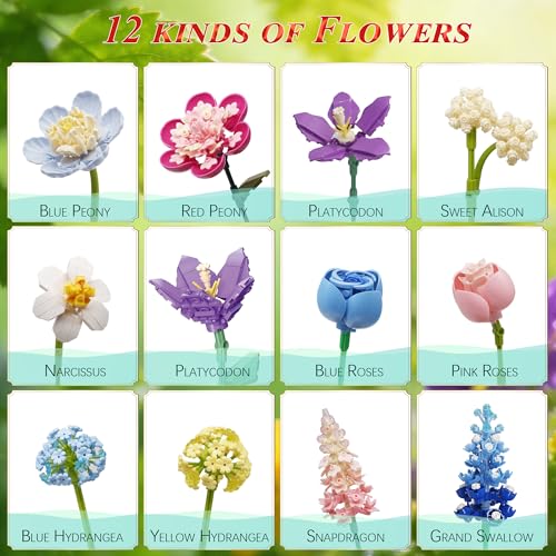 Abbabby Flower Building Set for Adults.880-Piece Artificial Bouquet Set Compatible with Lego.DIY Floral Building Toy for A...