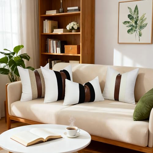 QoBexim Boucle Pillow Covers with Faux Leather Accents 12"x20" Set of 2, White and Black Decorative Pillow Covers with Fau...