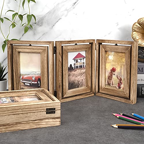 Emfogo 4x6 Picture Frame Rustic Wood Hinged Folding Triple Picture Frames Collage, Double-Sided Display Rotatable High Def...