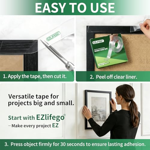 EZlifego Double Sided Tape Heavy Duty(Extra Large 16.5FT), Nano Adhesive Mounting Tape Wall Decor,Sticky Picture Hanging A...