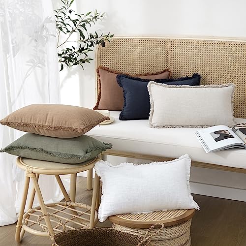 Foindtower Decorative Linen Fringe Lumbar Throw Pillow Covers Cozy Boho Farmhouse Cushion Cover with Tassel Soft Accent Pi...