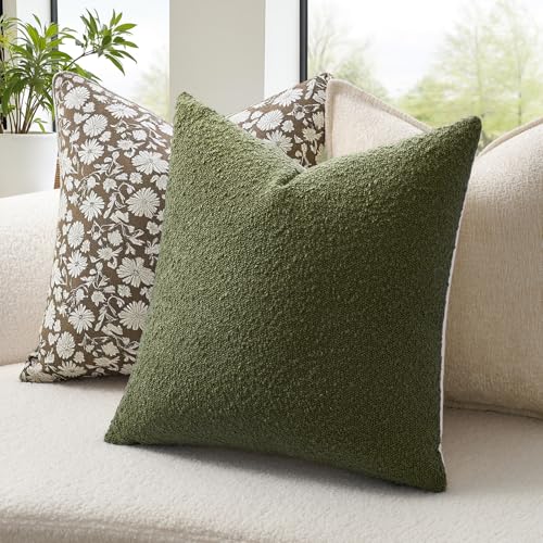 Topfinel Green Boucle Pillow Covers with Linen Cotton Accent Back Contrast Color Neutral Green Modern Earth-Tone Decorativ...