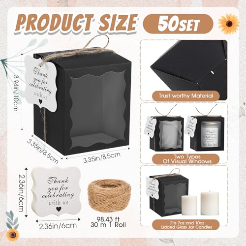 ReliThick 50 Set Candle Gift Box Transparent Gift Packaging for 4-10 oz Candles 50 Paper Thank You Tag for Wedding Birthda...