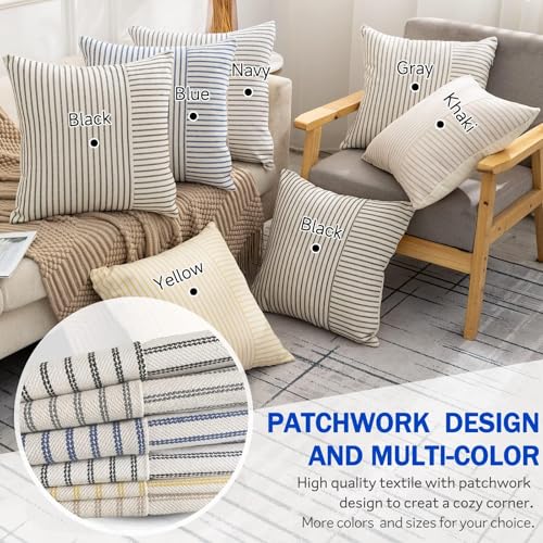 YCOLL Farmhouse Pillow Covers 20x20, Modern Accent Square Throw Pillow Covers Set of 2, Gray and Beige Striped Patchwork L...