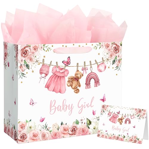 Yusenguan 13" Large Baby Gift Bag for Girl, Pink Floral Design with Handles, Tissue Paper and Gift Card, Perfect for Girl ...