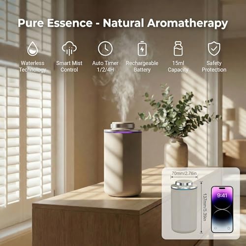 Waterless Essential Oil Diffuser, Scent Air Machine for Car/Home, Up to 500 sq.ft, Waterless Portable Aromatherapy Diffuse...