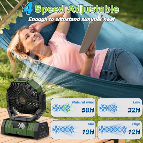 20000mAh Rechargeable Camping Fan, Auto-Oscillating Portable Fan for Camping with Remote & LED Lantern, 4 Speeds Battery P...