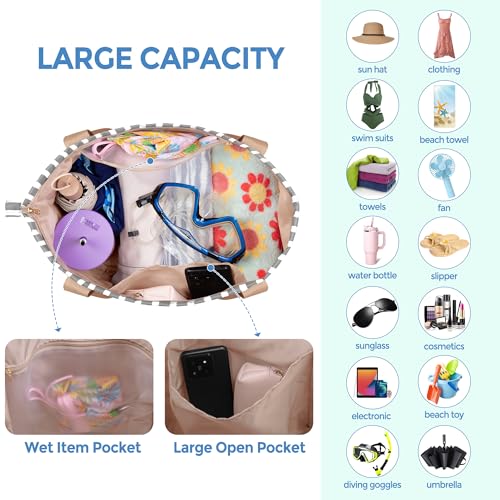 Fasrom Beach Bag for Women with Zipper, Waterproof Beach Tote with Wet Dry Compartment and Small Pouch for Pool, Swim, Travel