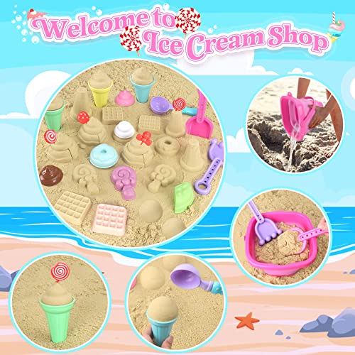 Collapsible Beach Toys Set for Kids Toddlers Girls, Collapsible Sand Bucket and Shovels Set with Mesh Bag & Sand Molds, Ic...