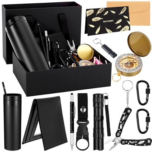 Acellegic 12 Pack Birthday Gift Basket for Men Survival Gift Box Set Tumbler Compass Multitool Pliers Flashlight Pen Whist...