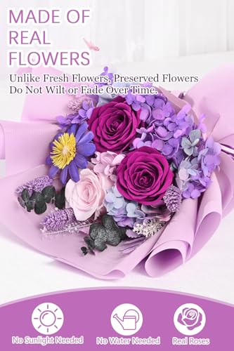 Yastouay Preserved Flowers for Delivery, Last 1-3 Years Flowers Bouquet, Purple Rose Forever Flowers with Gifts Box, Birth...