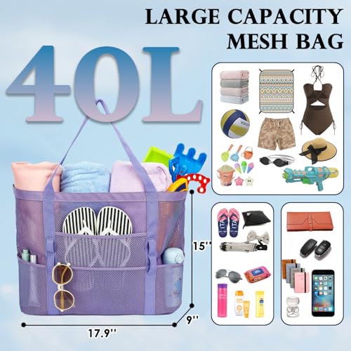 Fammart Mesh Beach Bag, Large Beach Tote with Zipper Pocket, Toys Pool Bag for Family Travel Vacation Cruise Essentials