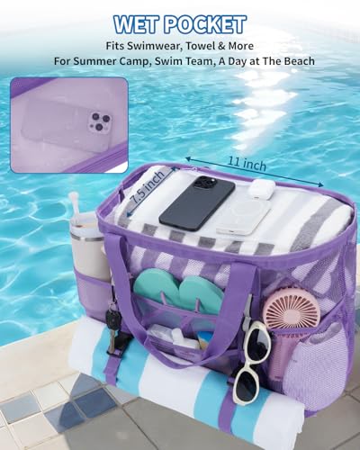 WANDF Mesh Beach Bag for Women, Large Beach Tote Bags with 40oz Tumbler Side Pockets, Family Pool Bag for Swim Toys Towels...