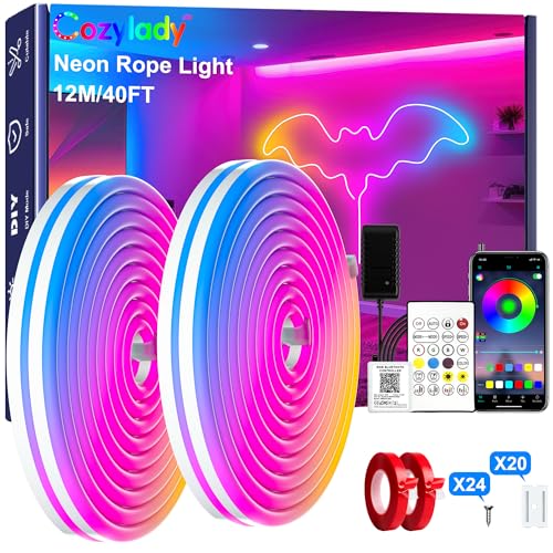 Cozylady 40Ft (20Ft *2 Rolls) RGB LED Neon Rope Lights for Bedroom, 12m LED Strip Lamp with Double Sided Adhesive Tape, Ap...