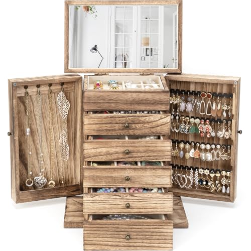 Emfogo Wooden Jewelry Box for Women, 6-Tier Large Jewelry Organizer Boxes with Mirror Rustic Solid Wood jewlery Storage Di...