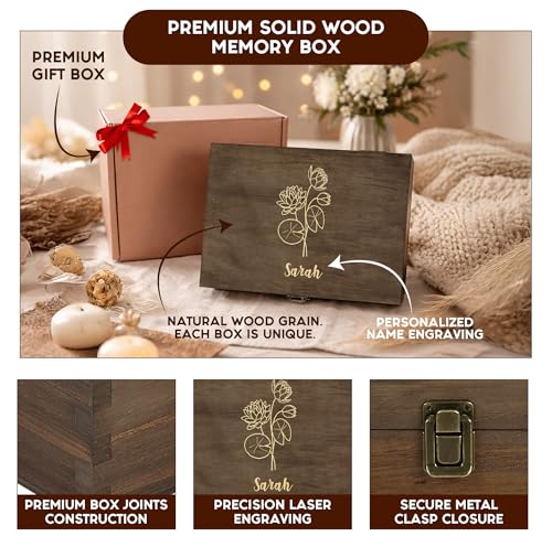Personalized Birth Flower Memory Box – Custom Engraved Wooden Keepsake Chest with Floral Design | Jewelry, Photos & Mement...