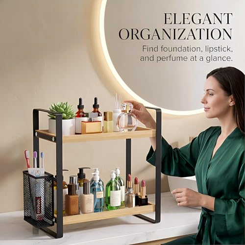 LEMIKKLE 2-Tier Wood Bathroom Counter Organizer with Basket,Waterproof Vanity Perfume Skincare Storage for Bathroom, Kitch...
