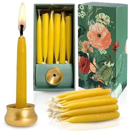 20 Minute Beeswax Meditation Candles – Set of 20 Mini Taper Candles with Brass Candle Holders, Dripless & Smokeless – Ritu...
