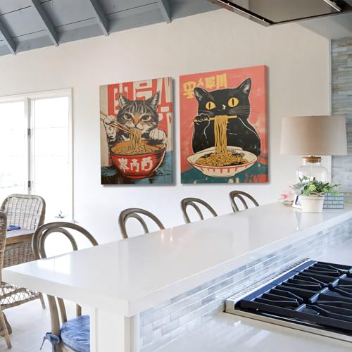 Framed Funny Black Cat Canvas Wall Art Set of 2, Vintage Japanese Cat Eating Ramen Poster, Unique Gifts and Animal Lover P...
