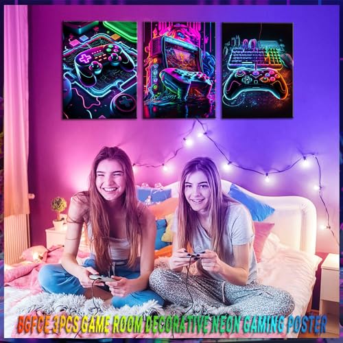 BGFCE Game Room Decor Posters Set of 3 - Neon Gaming Accessories Theme Canvas Wall Art, Gamer Console Paintings Picture Wa...