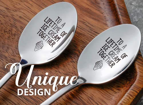 INNObeta Engraved Ice Cream Spoons, Gifts for Couple, 2 Pcs Stainless Steel Coffee Spoon, To a Lifetime of Ice Cream Together