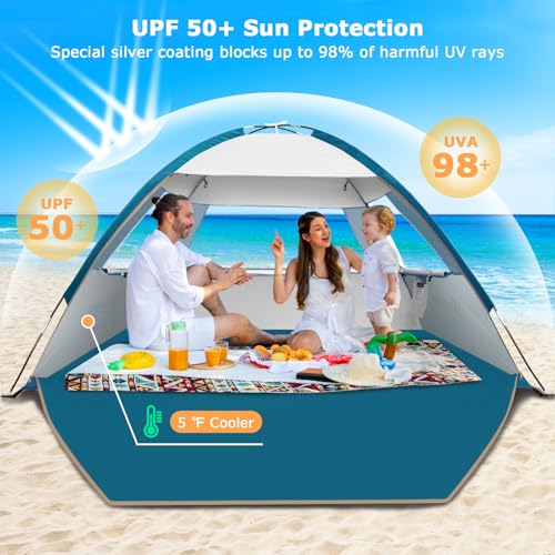 COMMOUDS Beach Tent Sun Shade for 3/4/6/8 Person, UPF 50+ Beach Sun Shelter Canopy Tent, Lightweight, Easy Set Up and Carry