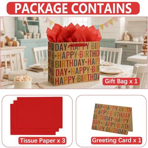 Yusenguan 13" Kraft Happy Birthday Gift Bag, Colorful Lettering & Star Design with Tissue Paper and Greeting Card, Sturdy ...