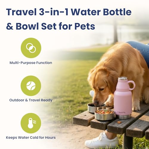 PawsPik 32oz 3-in-1 Travel Dog Water Bottle & Bowl Set – Stainless Steel Vacuum-Insulated Bottle with Detachable Food & Wa...
