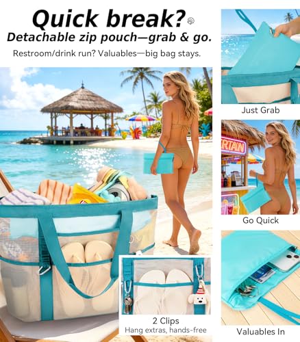 Yeendibo 2026 Chic & Spacious XX-Large Beach Bag for Women — Mesh × Canvas Tote with Top Zipper, 11 Pockets, Detachable Po...