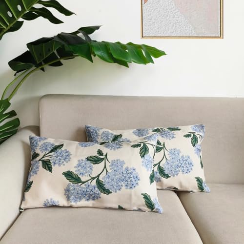 Btyrle Blue Hydrangea Flower Throw Pillow Covers 12x20 Inch Set of 2 Decorative Farmhouse Cotton Linen Floral Pillowcases ...