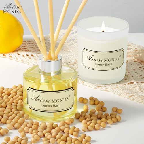 Reed Diffuser & Scented Candle Gift Set, Lemon Basil Oil Diffuser Sticks, Fragrance Diffuser & Soy Wax Candles in Glass Ja...