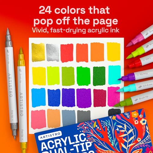 ARTISTRO 24 Acrylic Paint Markers - Paint Pens for Drawing, Brush + Fine Tips - For Fabric, Rock, Glass, Wood, DIY - Art &...