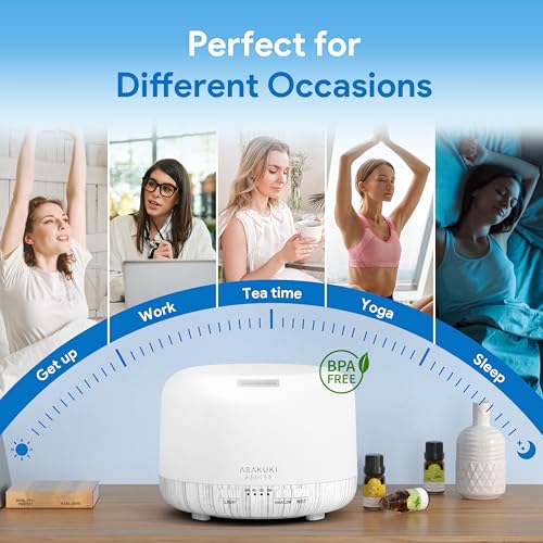 ASAKUKI Essential Oil Diffuser for Home, 500ML Aromatherapy Diffuser Humidifier with Remote Control, 7 Color LED Lights, Q...