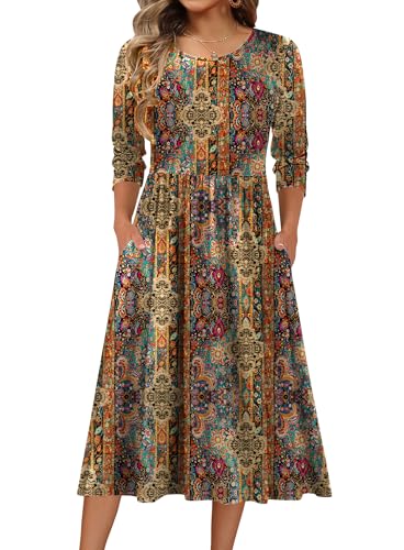 Zeagoo 3/4 Sleeve Women's Dress Casual Flowy A-Line Midi Tshirt Dresses with Pockets Crewneck Vocation Boho Beach Sundress
