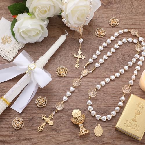WILLBOND 3 Pcs Baptism Candle Gifts Set First Communion Rosary and Candle Set Catholic Bracelets Cross Necklace Holy Commu...