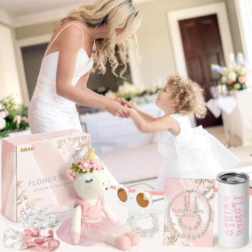 Golray Flower Girl Proposal Gifts Set, Will You Be My Flower Girl Gift with 16in Knitted Unicorn/ 15oz Cup/Floral Sunglass...